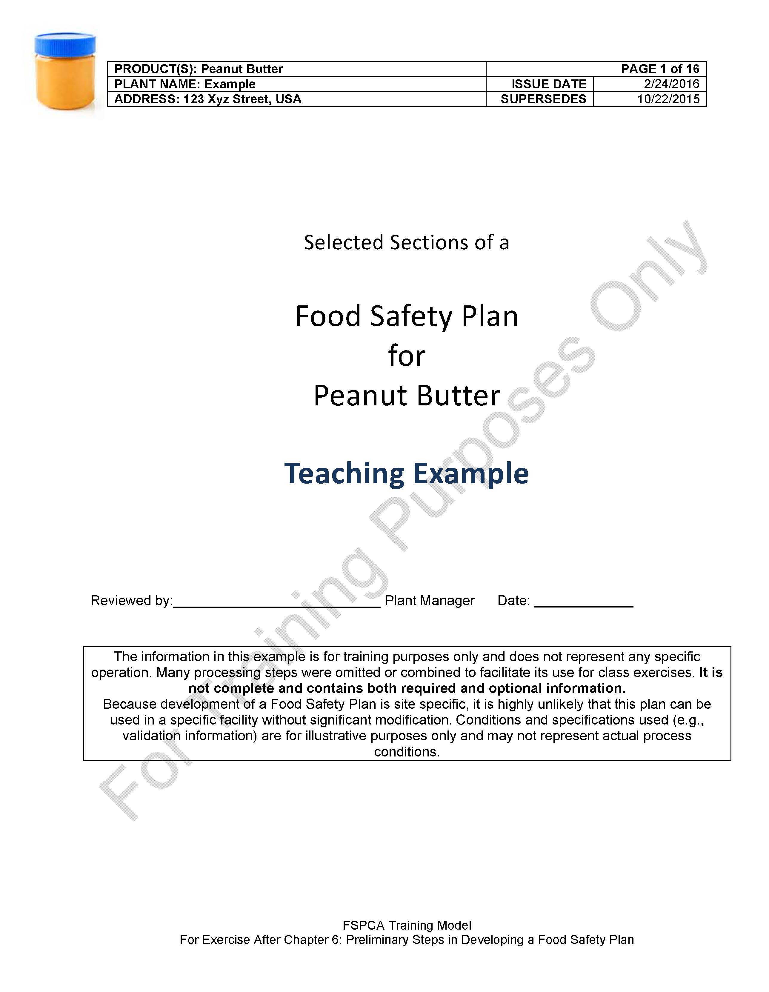 Model Food Plan Peanut Butter For 5 Participants